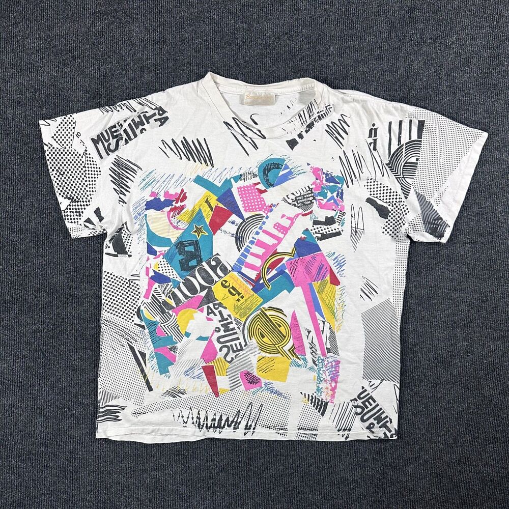Vintage Barry Shaikor Mens White T-Shirt One Size/Large Abstract Collage AOP